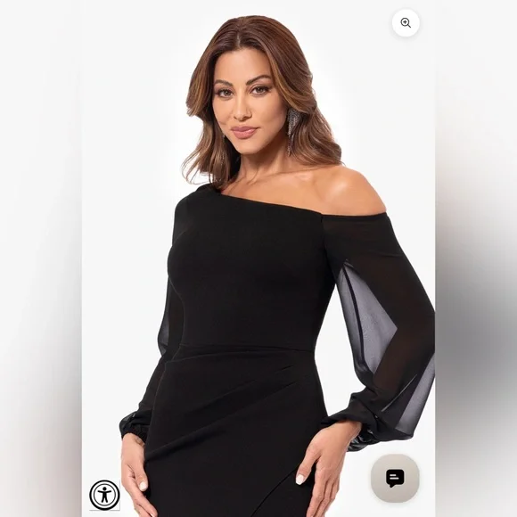 Betsy & Adam Black “Donna” Long Off The Shoulder Illusion Sleeve Dress - Picture 4 of 4